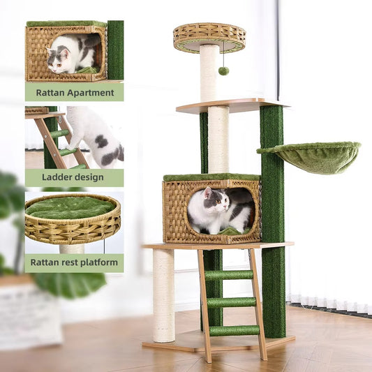 Luxury Large Cat Tree – New, Green Plant & Rattan (Hammock, Ladder)