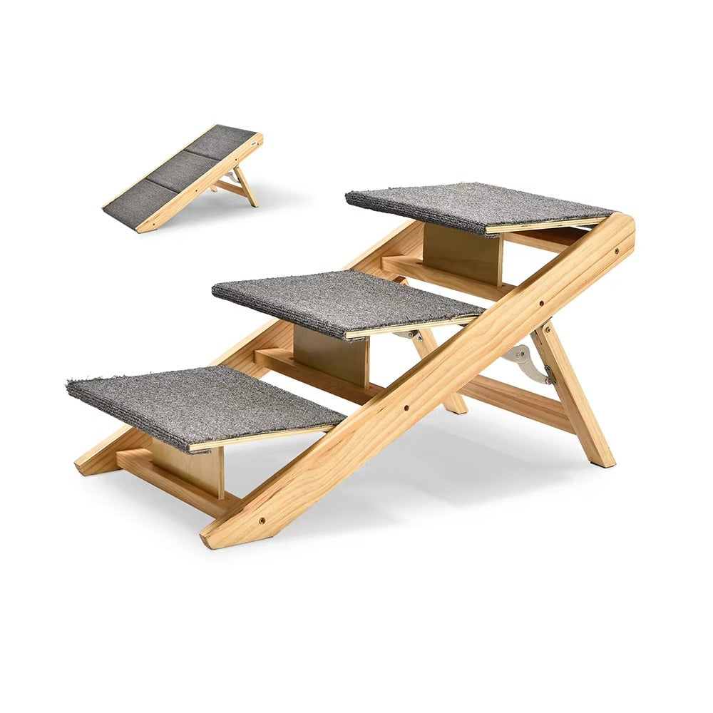 3-Step Pet Stairs/Ramp – Adjustable, Antiskid, Wooden, Folding