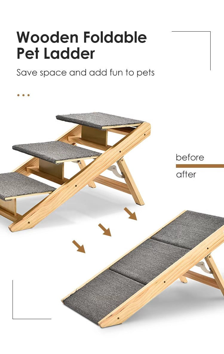 3-Step Pet Stairs/Ramp – Adjustable, Antiskid, Wooden, Folding