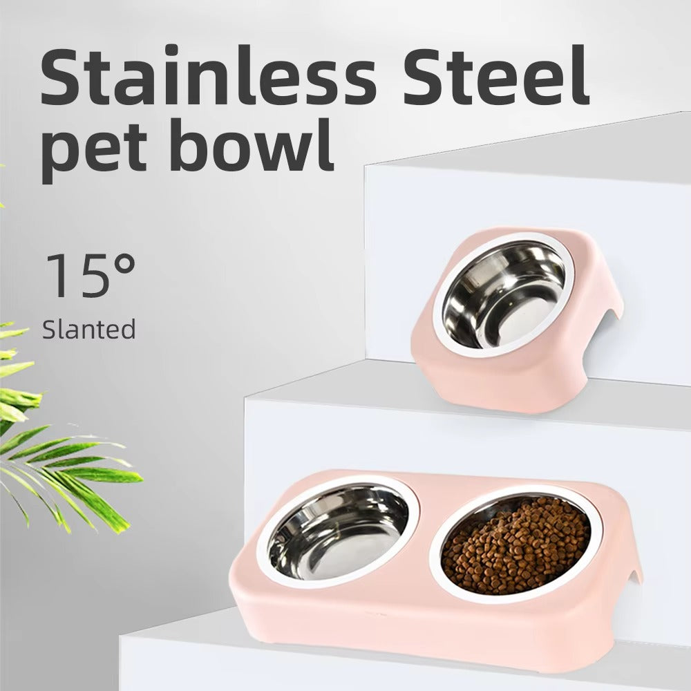 Double Slant Ceramic Cat Bowl – Adjustable Height, Elevated (Cervical Protection)