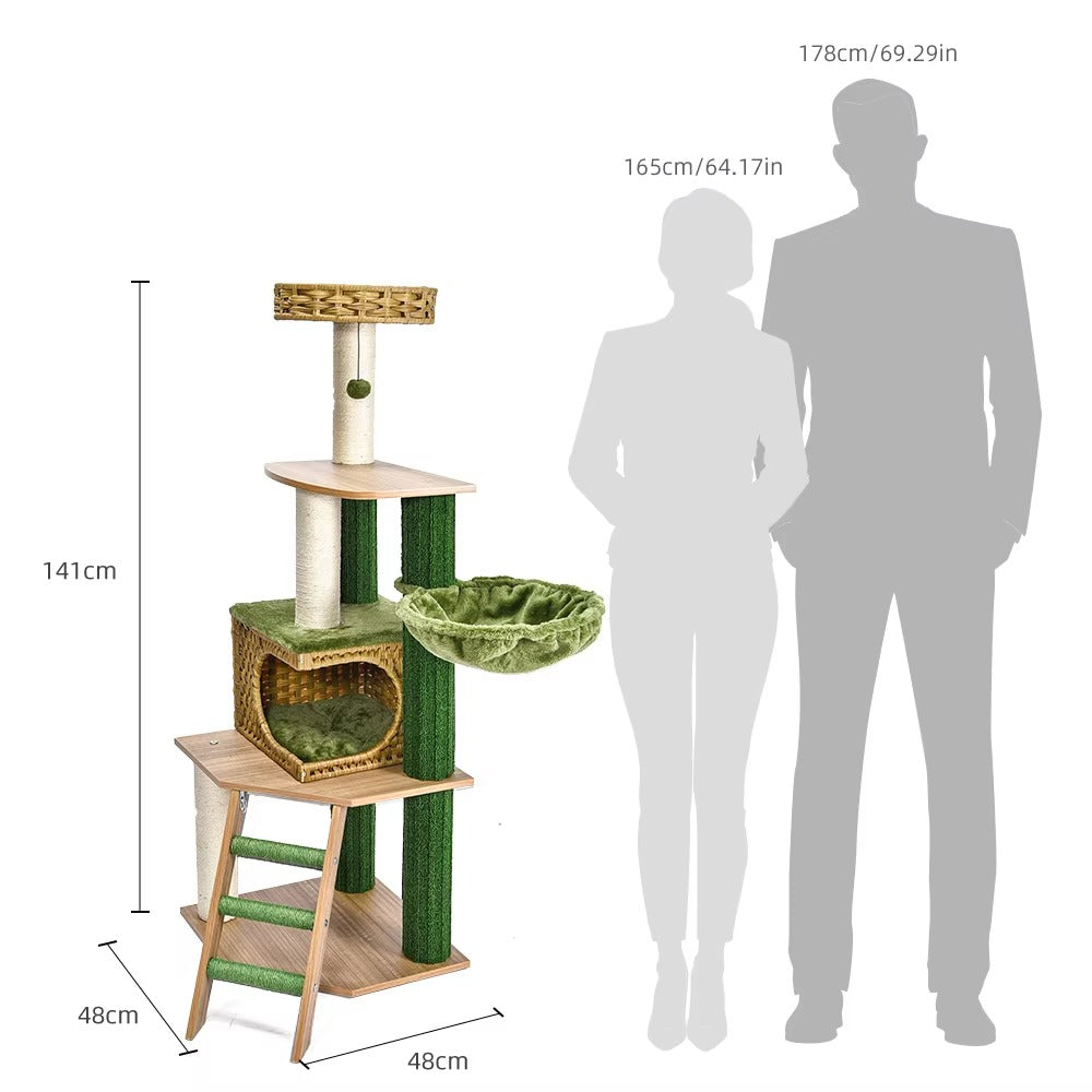 Luxury Large Cat Tree – New, Green Plant & Rattan (Hammock, Ladder)