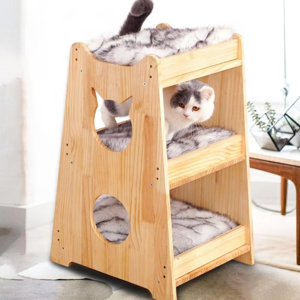 Large Wooden Cat Tree – Modern, with Removable Washable Mats (for Kittens)