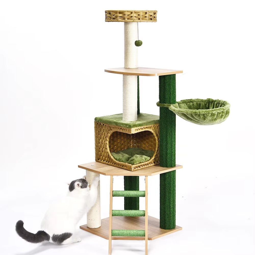 Luxury Large Cat Tree – New, Green Plant & Rattan (Hammock, Ladder)