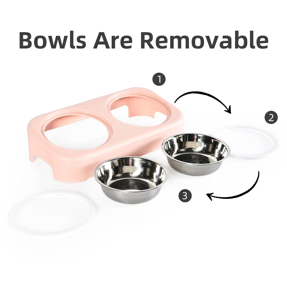 Double Slant Ceramic Cat Bowl – Adjustable Height, Elevated (Cervical Protection)