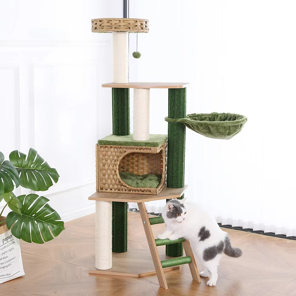 Luxury Large Cat Tree – New, Green Plant & Rattan (Hammock, Ladder)